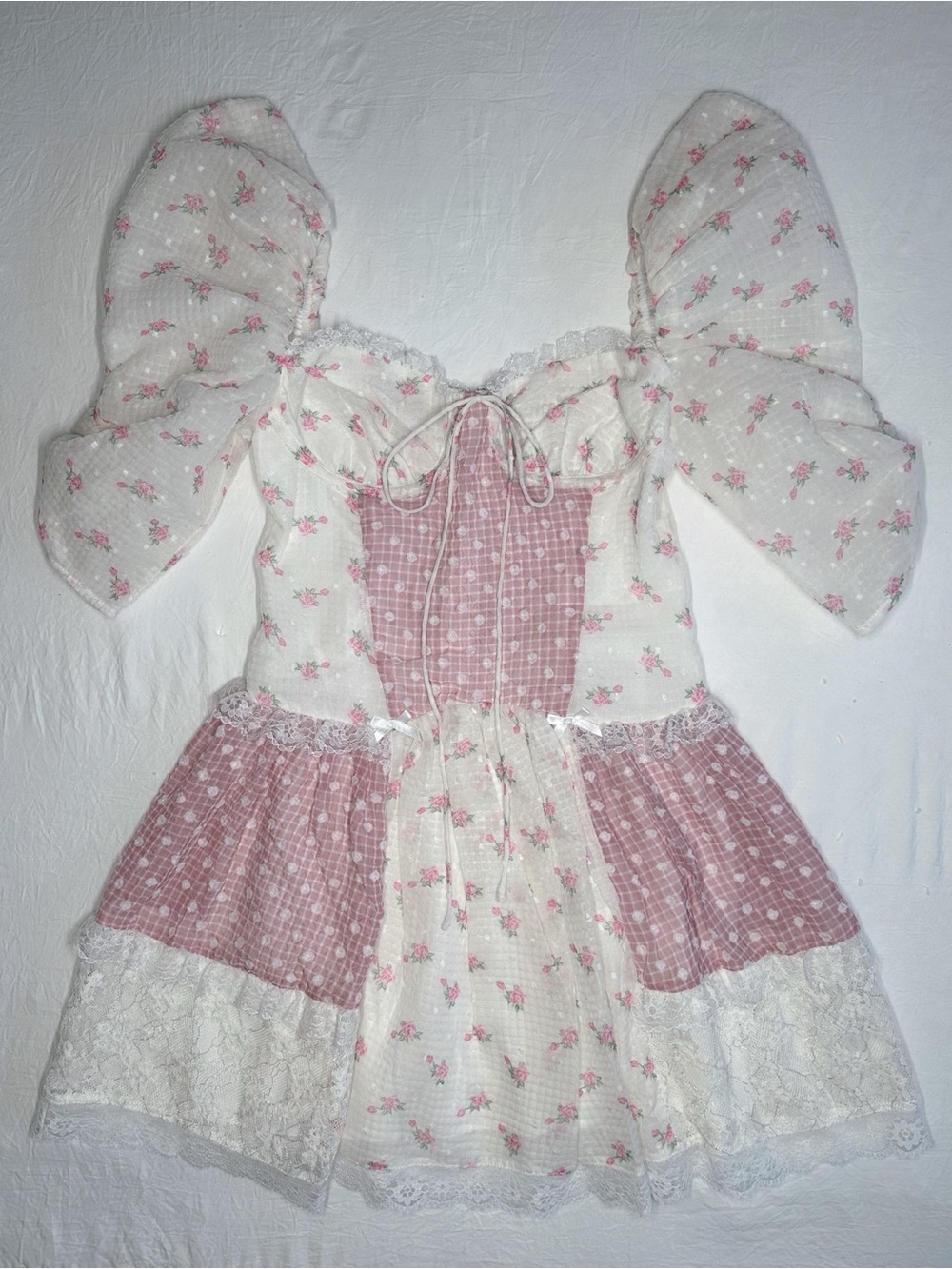 For Love and Lemons Francine Pink and White Floral Puff Sleeve Mini Dress